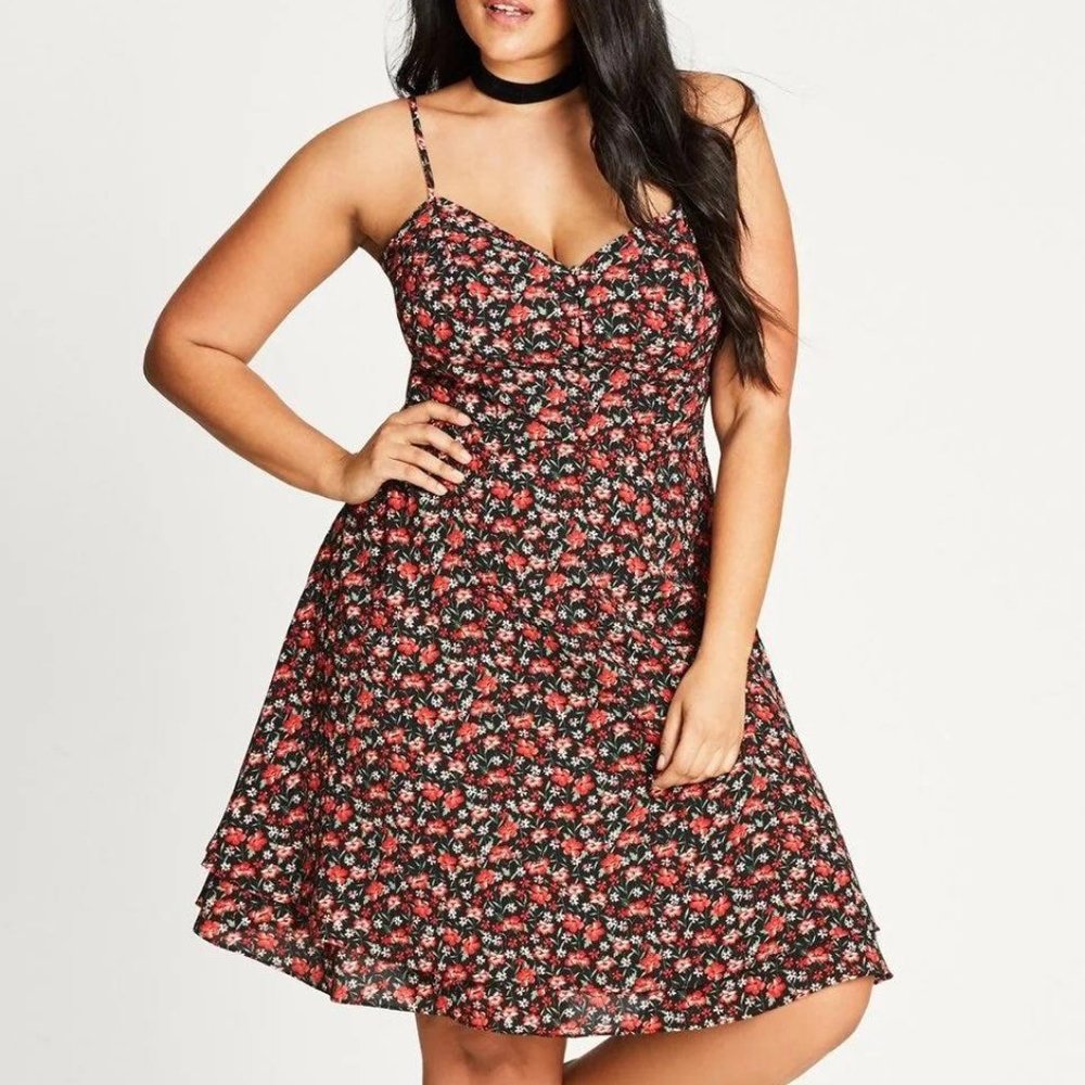 City Chic Ditzy Floral Dress Saffron‎ Red Black Mini Fit Flare Plus Size L NEW